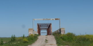 Un puente de hierro en el medio del campo